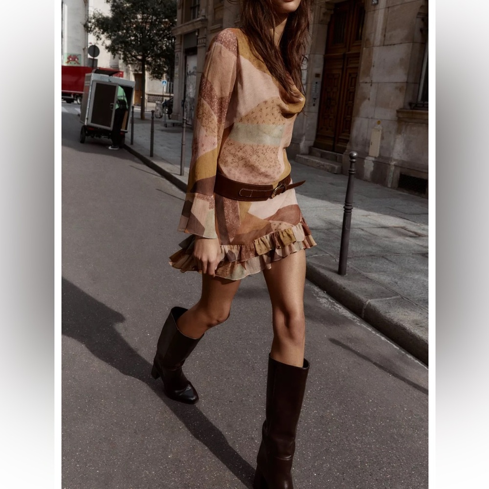 Patchwork Print Belted Mini Dress, Multicolor, Za… - image 1